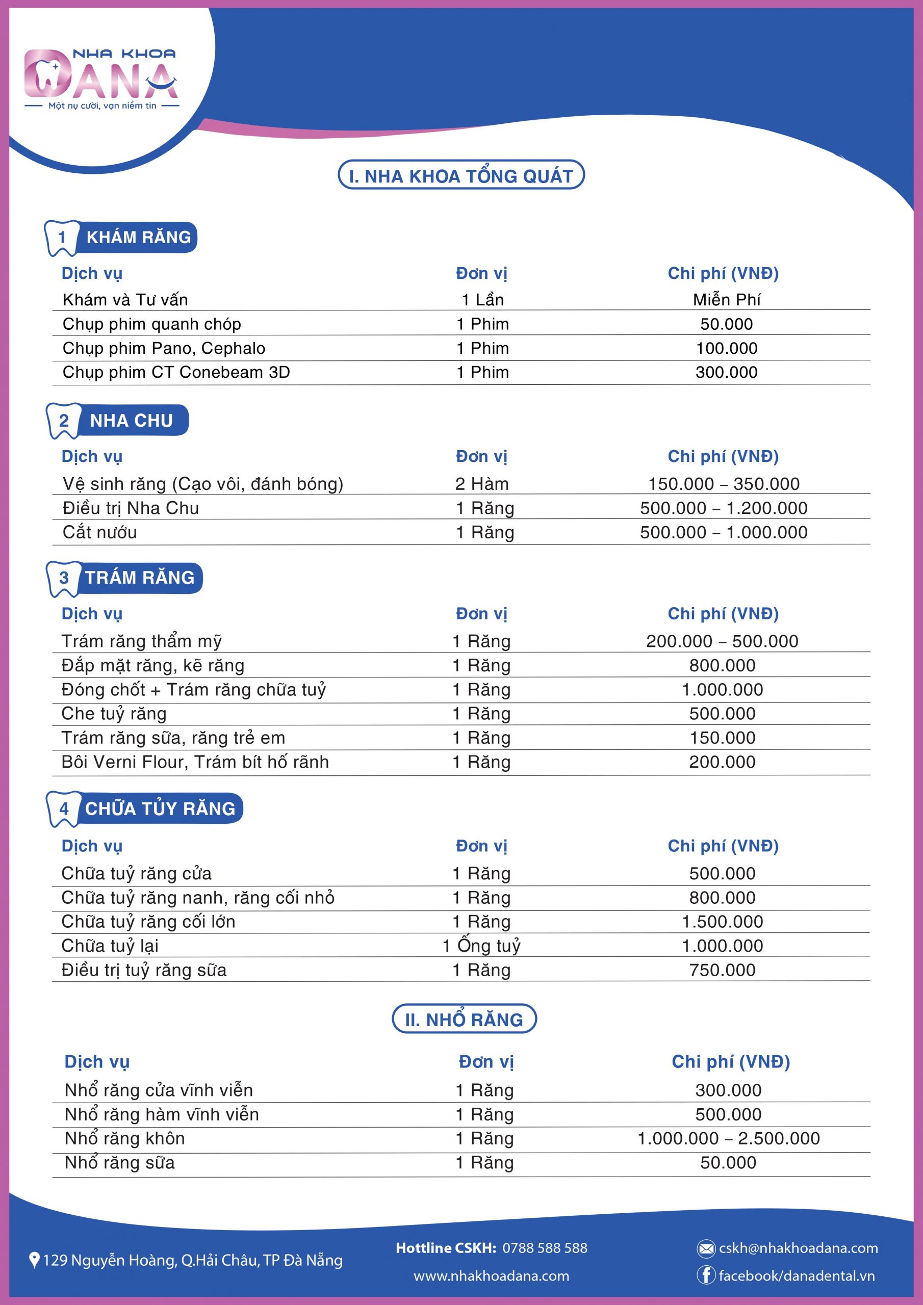 bảng giá chi tiết các dịch vụ nha khoa dana